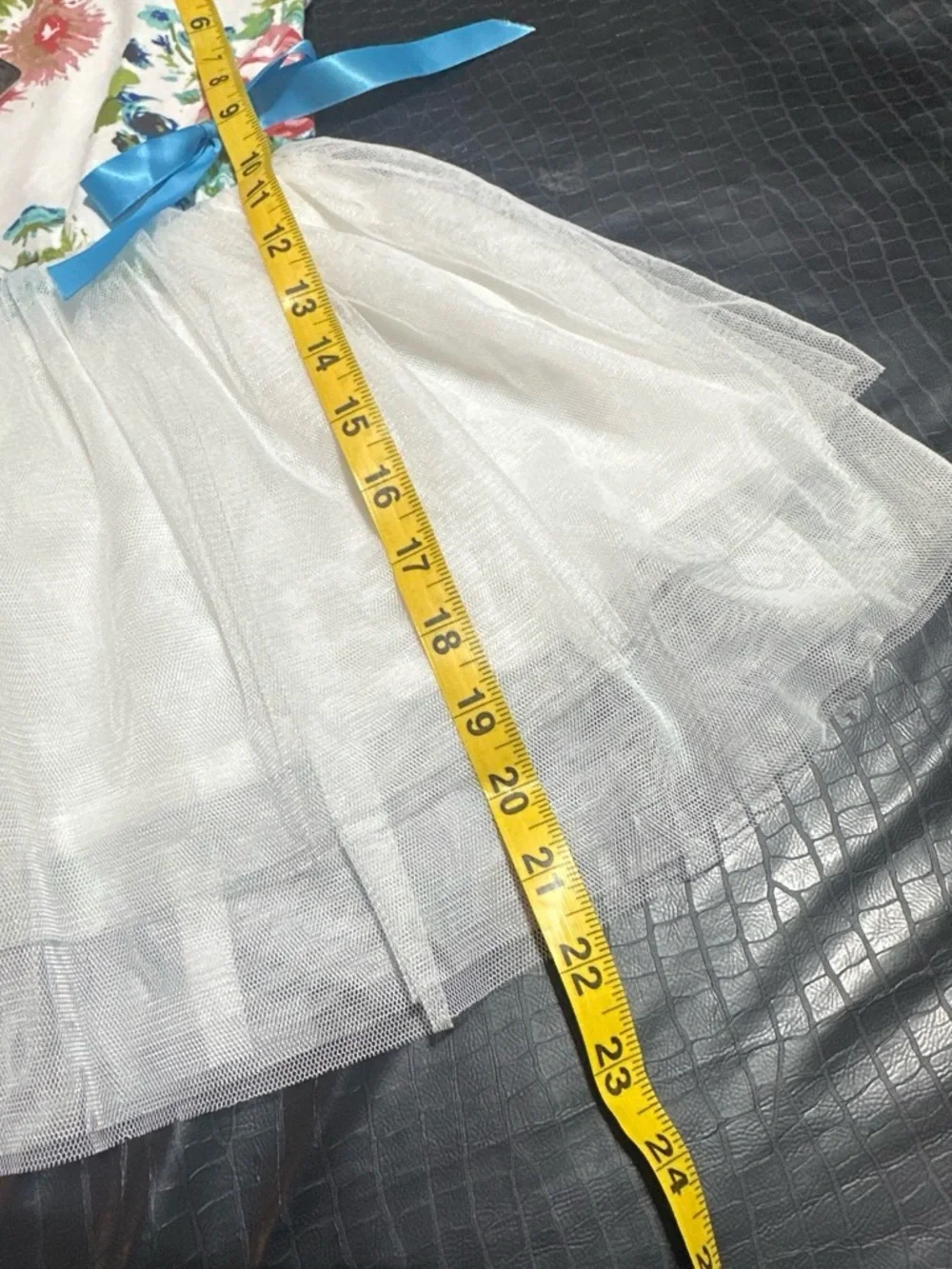 Floral White Tulle Party Dress with Blue Bow